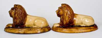 Pair of Large Pottery Lion Figures, Mogadore, OH origin, late 19th century