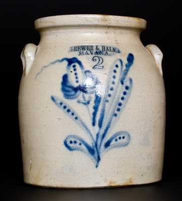 BREWER & HALM. / HAVANA, New York Stoneware Jar w/ Cobalt Floral Decoration