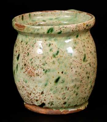 Very Fine Redware Stew Pot w/ Speckled Copper Glaze, Maine origin