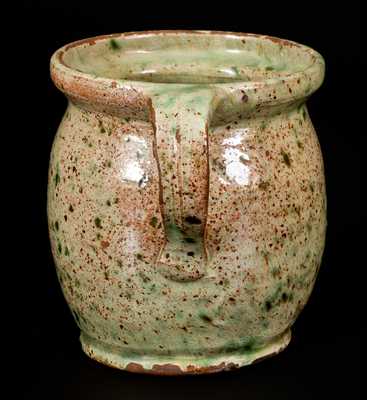 Very Fine Redware Stew Pot w/ Speckled Copper Glaze, Maine origin