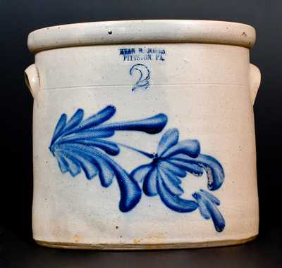 EVAN R JONES / PITTSTON, PA Stoneware Crock w/ Cobalt Floral Decoration