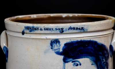 Very Rare MORTON & SHELDON / JORDAN, NY Stoneware Jar w/ Man s Head Decoration