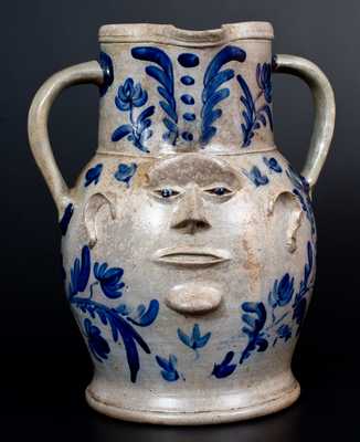 Extremely Important Monumental Stoneware Two-Sided Face Pitcher att. Huntingdon County, PA