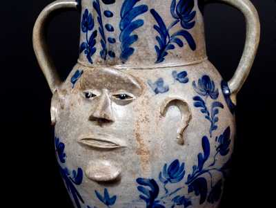 Extremely Important Monumental Stoneware Two-Sided Face Pitcher att. Huntingdon County, PA