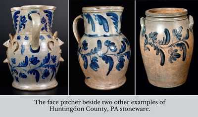 Extremely Important Monumental Stoneware Two-Sided Face Pitcher att. Huntingdon County, PA