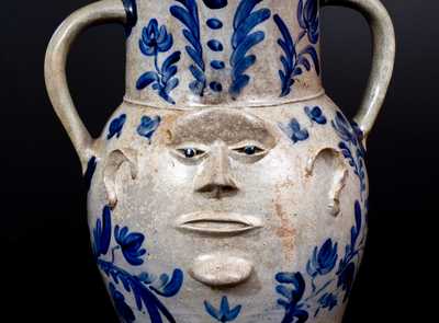 Extremely Important Monumental Stoneware Two-Sided Face Pitcher att. Huntingdon County, PA