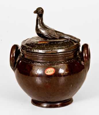 Lidded Redware Sugar Bowl w/ Bird Finial, attrib. Anthony Baecher, Adams County, PA, c1855