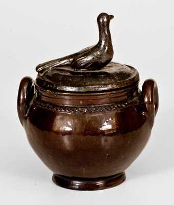 Redware Sugar Bowl w/ Bird Finial att. Anthony Baecher, Adams County, PA