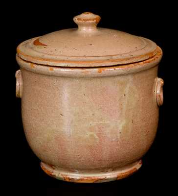 Unusual Redware Sugar Bowl with Applied Ring Handles