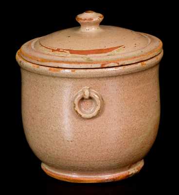Unusual Redware Sugar Bowl with Applied Ring Handles