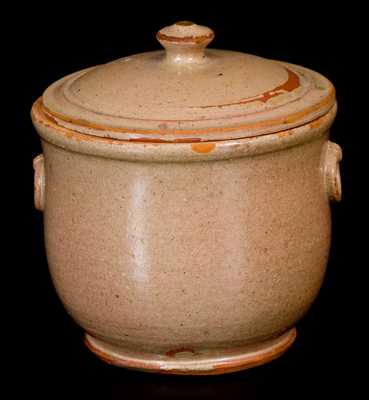 Unusual Redware Sugar Bowl with Applied Ring Handles