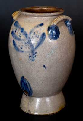 Fine 5 Gal. Ohio Stoneware Pedestal Water Cooler w/ Cobalt Foliate Decoration, c1860