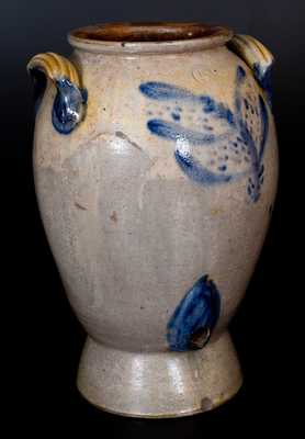 Fine 5 Gal. Ohio Stoneware Pedestal Water Cooler w/ Cobalt Foliate Decoration, c1860
