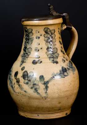 New York Stoneware Pitcher with Elaborate Decoration and Pewter Lid