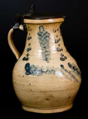 New York Stoneware Pitcher with Elaborate Decoration and Pewter Lid