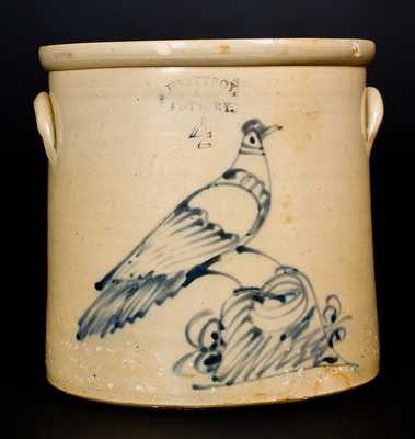 WEST TROY POTTERY Stoneware Crock with Elaborate Bird-on-Stump Decoration