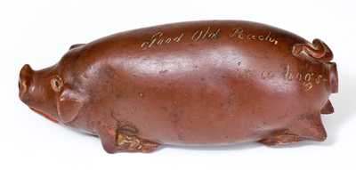 Early Anna Pottery Stoneware Pig Flask Inscribed "Good Old Peach in a Hog's --"