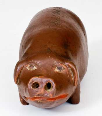 Early Anna Pottery Stoneware Pig Flask Inscribed "Good Old Peach in a Hog's --"