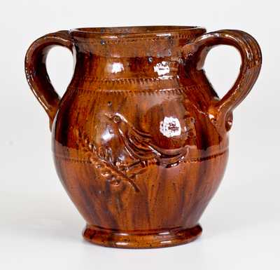 Jacob Medinger Redware Vase with Incised Bird Decoration