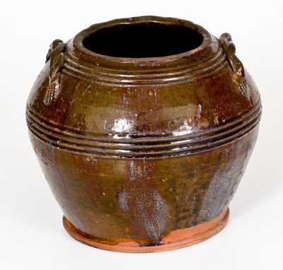 Unusual Pennsylvania Redware Sugar Bowl with Braided Rope Handles