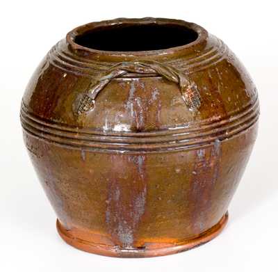 Unusual Pennsylvania Redware Sugar Bowl with Braided Rope Handles