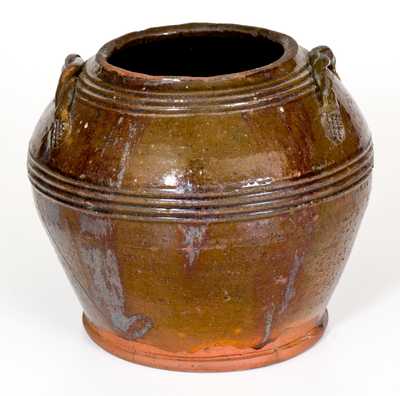 Unusual Pennsylvania Redware Sugar Bowl with Braided Rope Handles