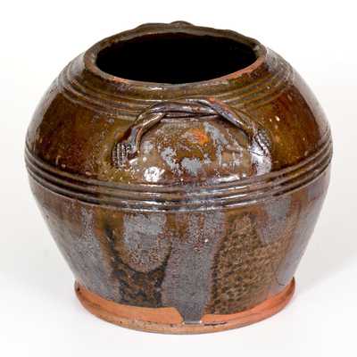 Unusual Pennsylvania Redware Sugar Bowl with Braided Rope Handles