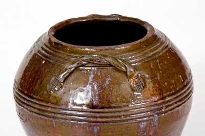 Unusual Pennsylvania Redware Sugar Bowl with Braided Rope Handles