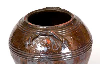 Unusual Pennsylvania Redware Sugar Bowl with Braided Rope Handles
