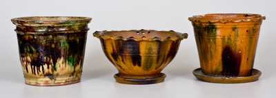 Lot of Three: Multi-Glazed Redware Flowerpots, Pennsylvania Origin