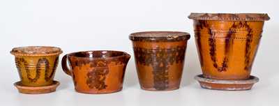 Lot of Four: Pennsylvania Redware w/ Coggled and Sponged Manganese Decoration