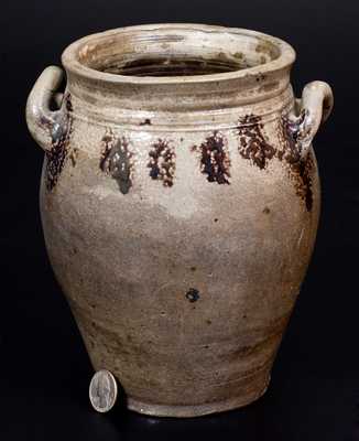 Small Loop-Handled Early Manhattan Stoneware Jar w/ Manganese Decoration