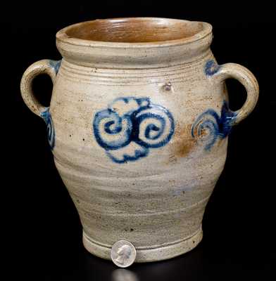 Half-Gallon 18th Century Vertical-Handled Stoneware Watchspring Jar, NY or NJ