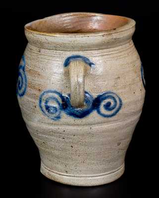 Half-Gallon 18th Century Vertical-Handled Stoneware Watchspring Jar, NY or NJ