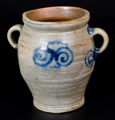 Half-Gallon 18th Century Vertical-Handled Stoneware Watchspring Jar, NY or NJ