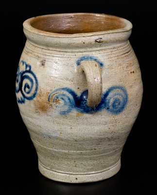 Half-Gallon 18th Century Vertical-Handled Stoneware Watchspring Jar, NY or NJ