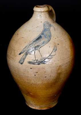 Stoneware Jug w/ Outstanding Incised Bird Decoration, Manhattan, early 19th century