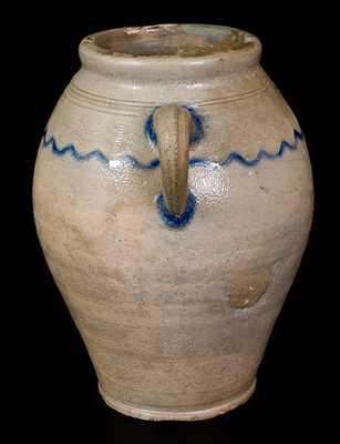 Unusual Vertical-Handled Stoneware Jar w/ Combed Decoration, probably Manhattan