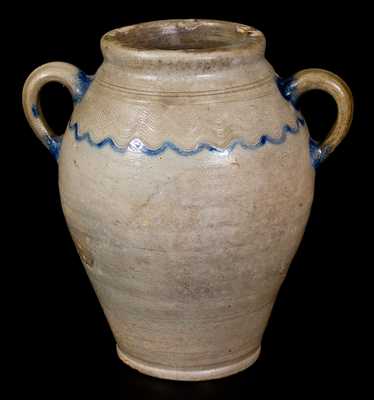 Unusual Vertical-Handled Stoneware Jar w/ Combed Decoration, probably Manhattan