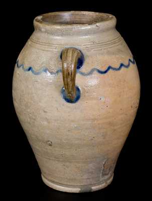 Unusual Vertical-Handled Stoneware Jar w/ Combed Decoration, probably Manhattan