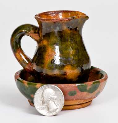 Unusual Miniature Pitcher and Bowl Set with Green Glaze
