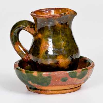 Unusual Miniature Pitcher and Bowl Set with Green Glaze