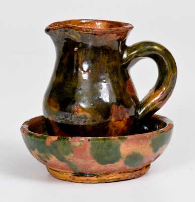 Unusual Miniature Pitcher and Bowl Set with Green Glaze