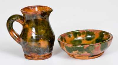 Unusual Miniature Pitcher and Bowl Set with Green Glaze