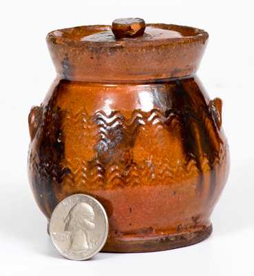 Miniature Redware Lidded Jar w/ Manganese Decoration, possibly Norwalk, CT or Long Island