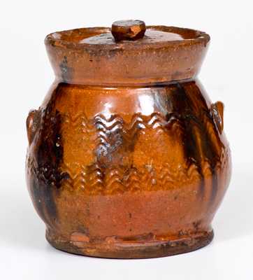 Miniature Redware Lidded Jar w/ Manganese Decoration, possibly Norwalk, CT or Long Island