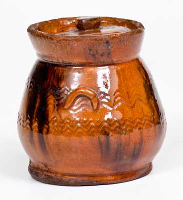 Miniature Redware Lidded Jar w/ Manganese Decoration, possibly Norwalk, CT or Long Island