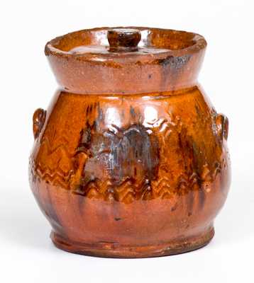 Miniature Redware Lidded Jar w/ Manganese Decoration, possibly Norwalk, CT or Long Island