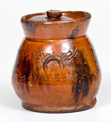 Miniature Redware Lidded Jar w/ Manganese Decoration, possibly Norwalk, CT or Long Island