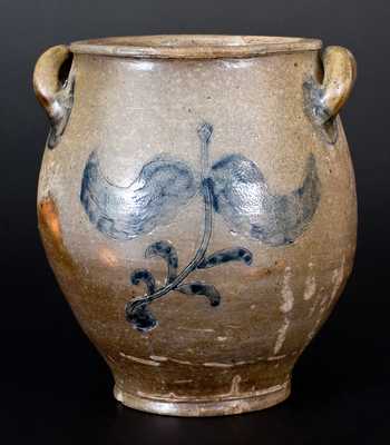 Very Unusual Early Stoneware Jar w/ Incised Leaf and Vine Decoration